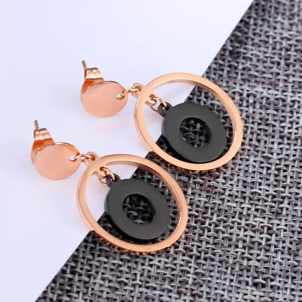 Acrylic Rose Gold Color Double Circle Stainless Steel Drop Earrings, Fashion Jewelry Ear Stud