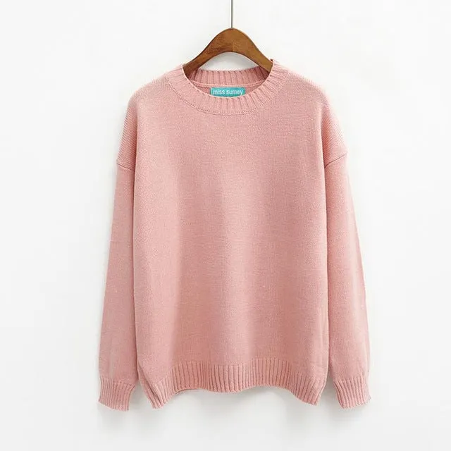 All Match Basic Style Loose Casual Fashion Solid O-neck Long Sleeve Female Sweaters