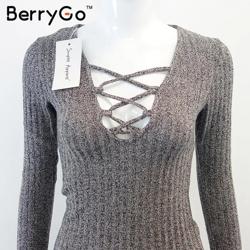 BerryGo Charcoal lace up Autumn warm knitted tops Sexy v neck women sweater pull femme Slim long sleeve elastic female pullover