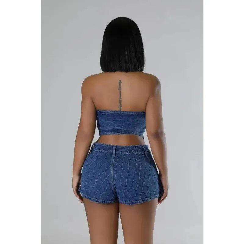 Chic Halter Cargo Denim Two-Piece Set