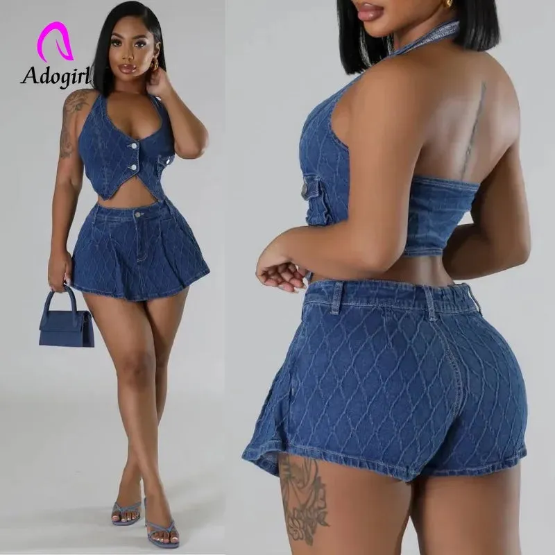 Chic Halter Cargo Denim Two-Piece Set