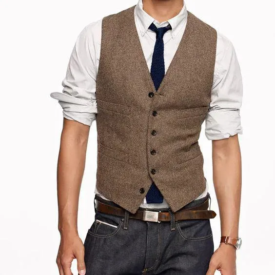 Country Style Wedding Groom Vests Wool Herringbone Tweed Vests Groomsmen Vest Mens Suit Vest Prom Blazers Waistcoat Plus Size