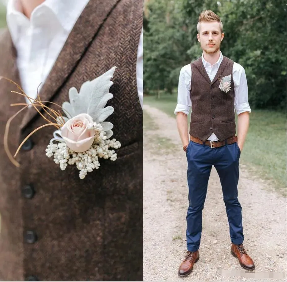 Country Style Wedding Groom Vests Wool Herringbone Tweed Vests Groomsmen Vest Mens Suit Vest Prom Blazers Waistcoat Plus Size