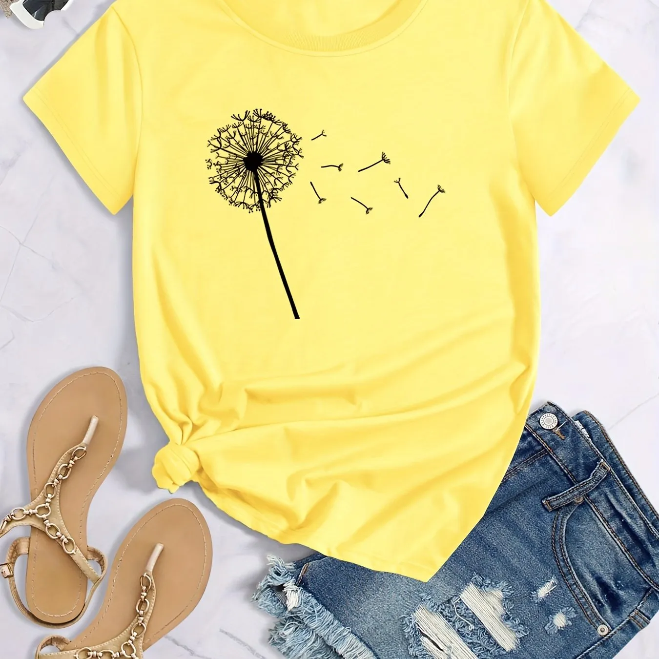 Dandelion Print Plus Size Short Sleeve Casual Tshirt for Women