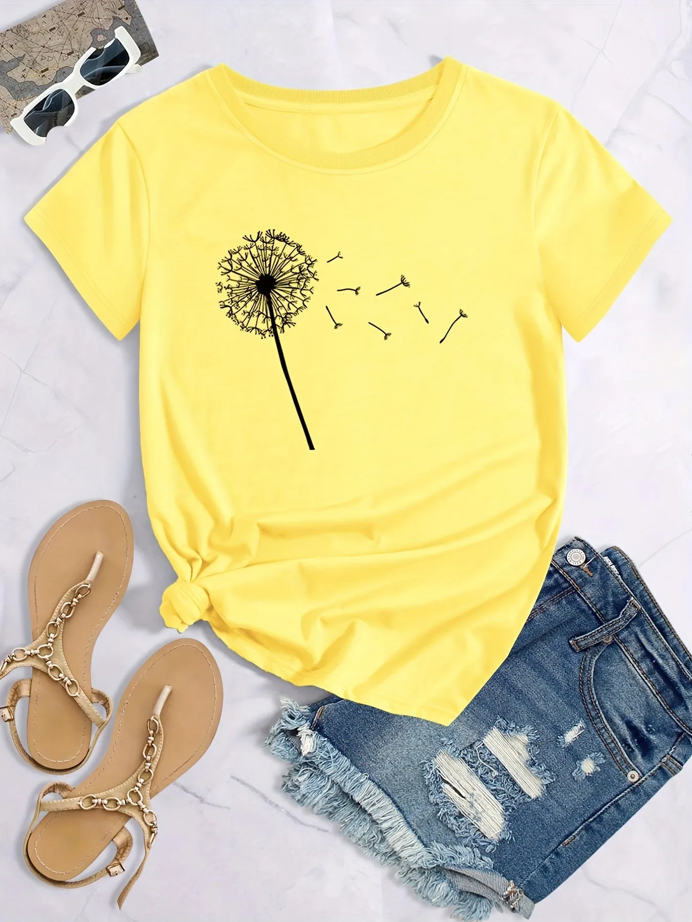 Dandelion Print Plus Size Short Sleeve Casual Tshirt for Women