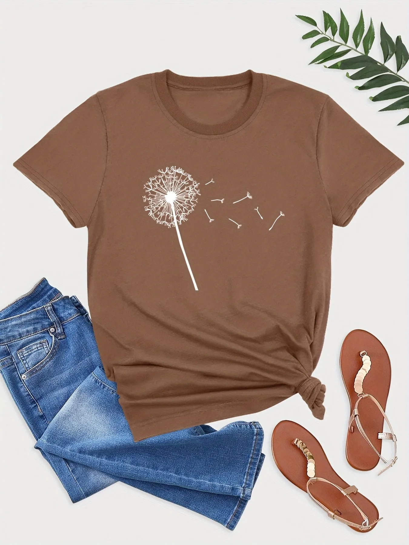 Dandelion Print Plus Size Short Sleeve Casual Tshirt for Women