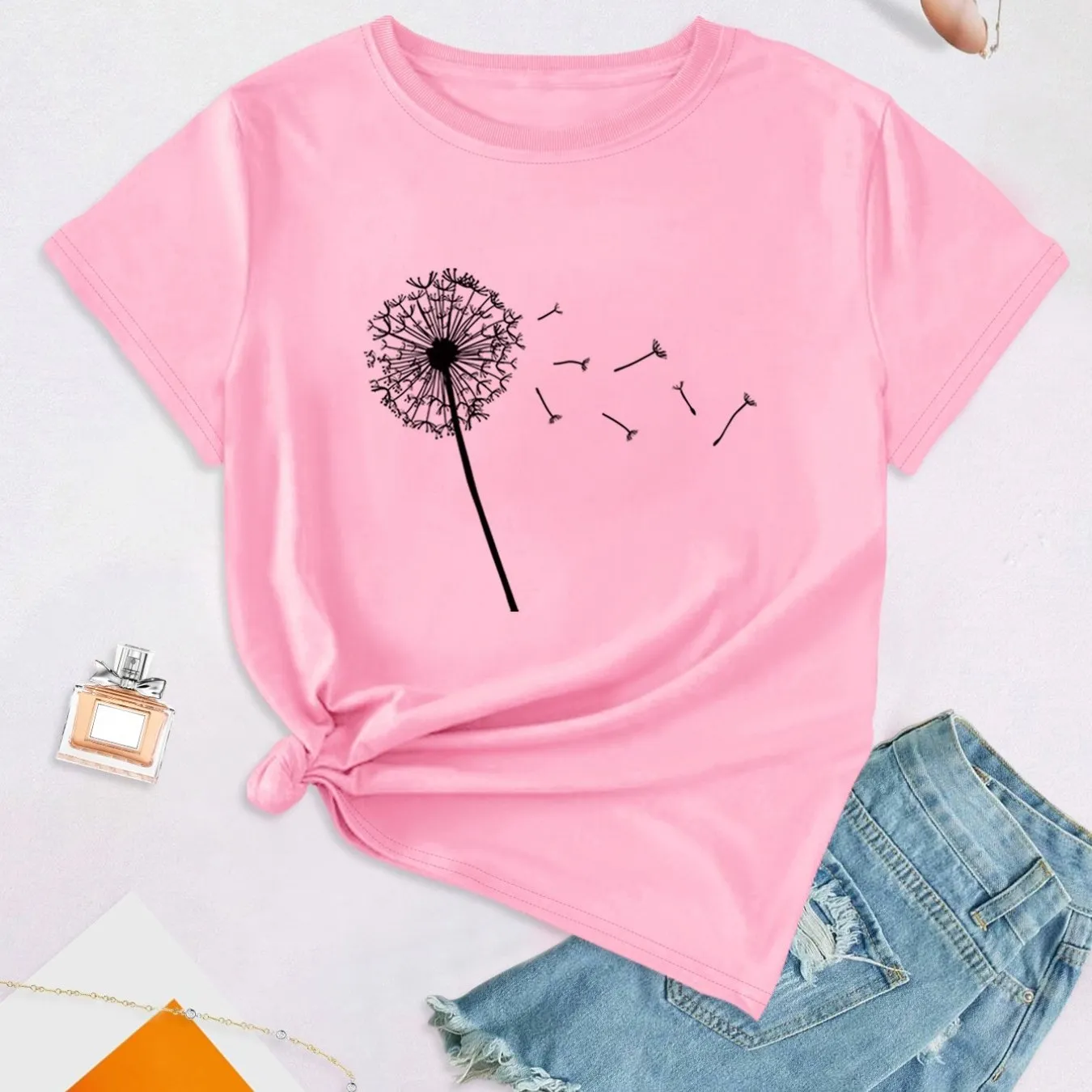 Dandelion Print Plus Size Short Sleeve Casual Tshirt for Women