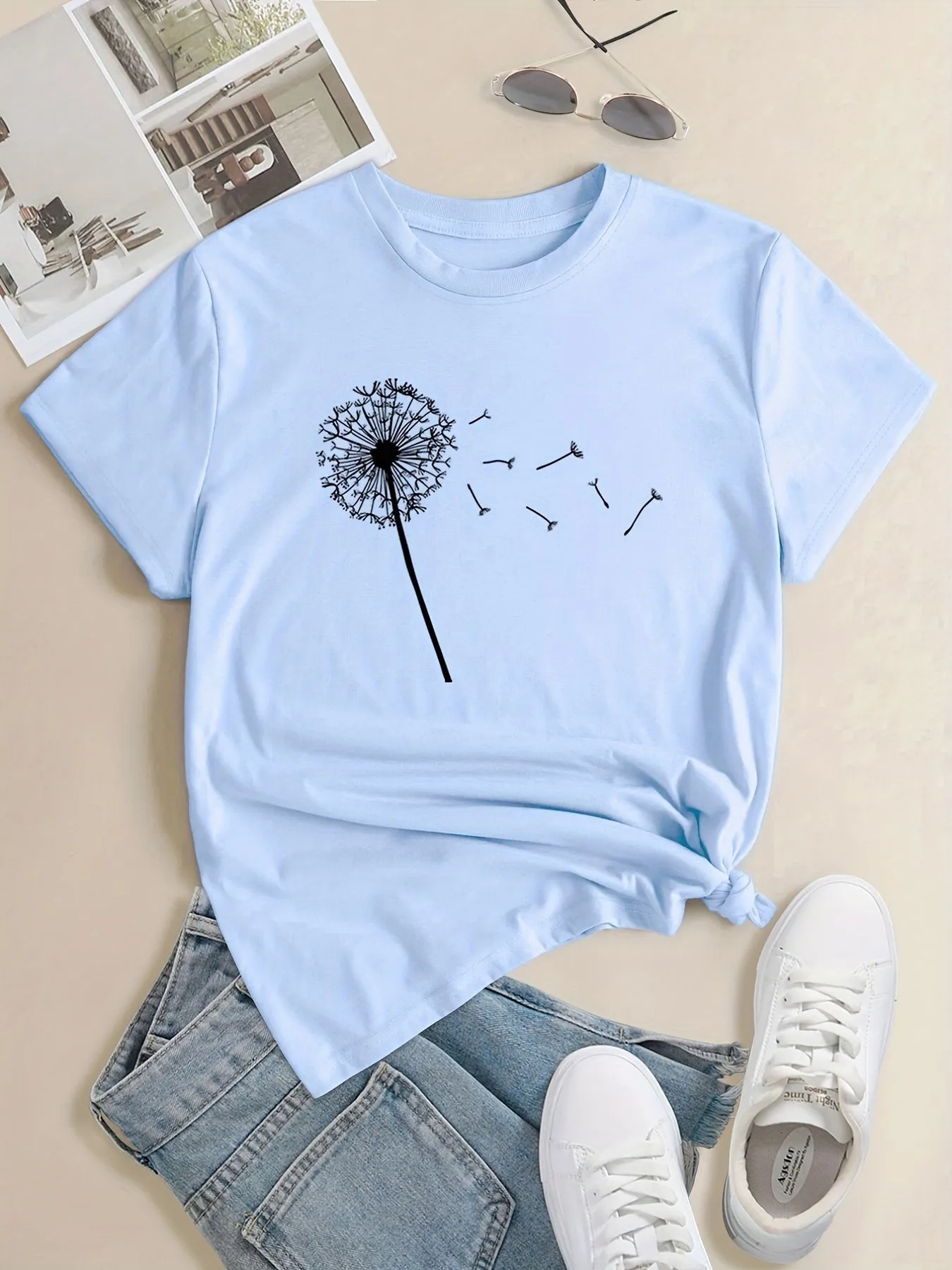 Dandelion Print Plus Size Short Sleeve Casual Tshirt for Women