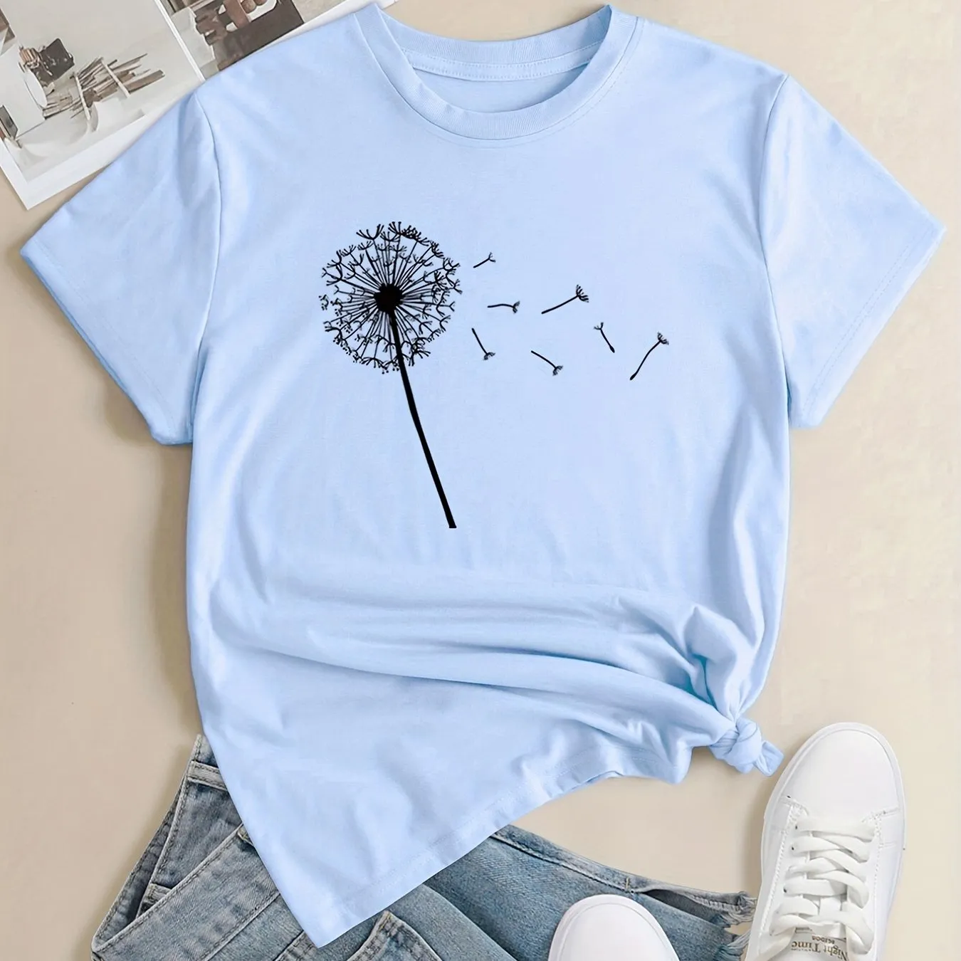 Dandelion Print Plus Size Short Sleeve Casual Tshirt for Women