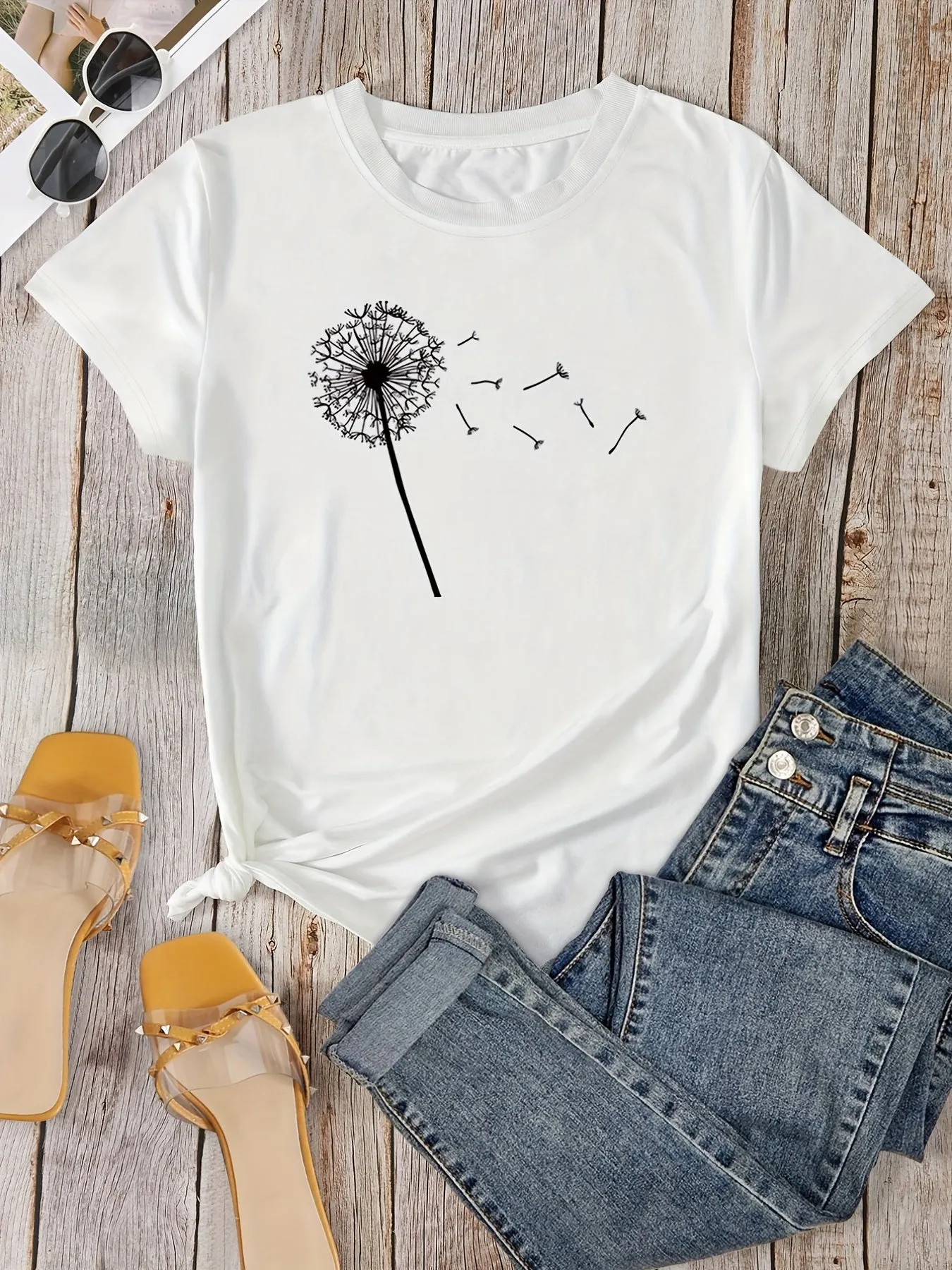 Dandelion Print Plus Size Short Sleeve Casual Tshirt for Women