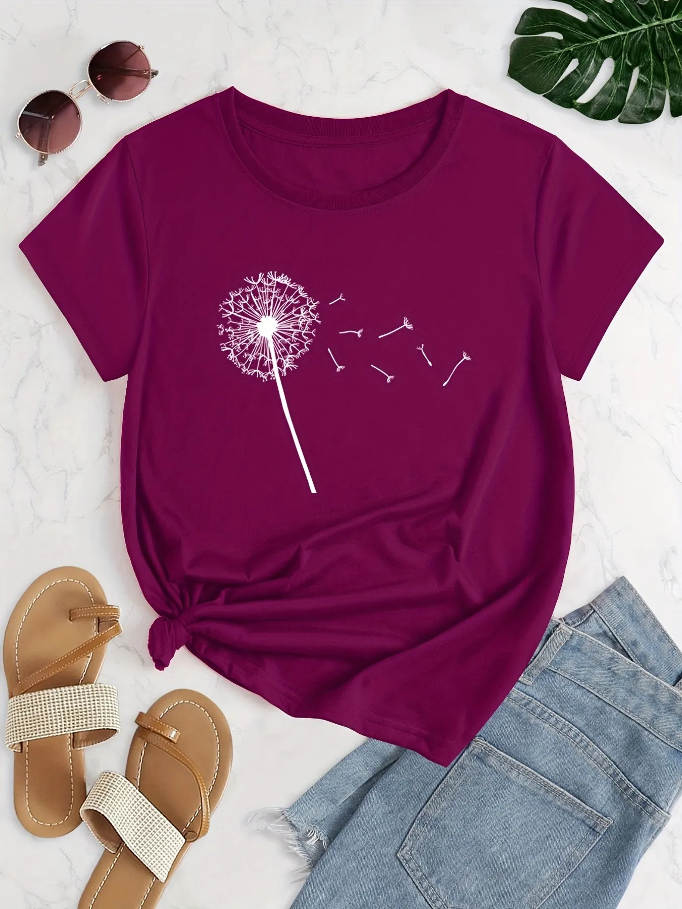 Dandelion Print Plus Size Short Sleeve Casual Tshirt for Women