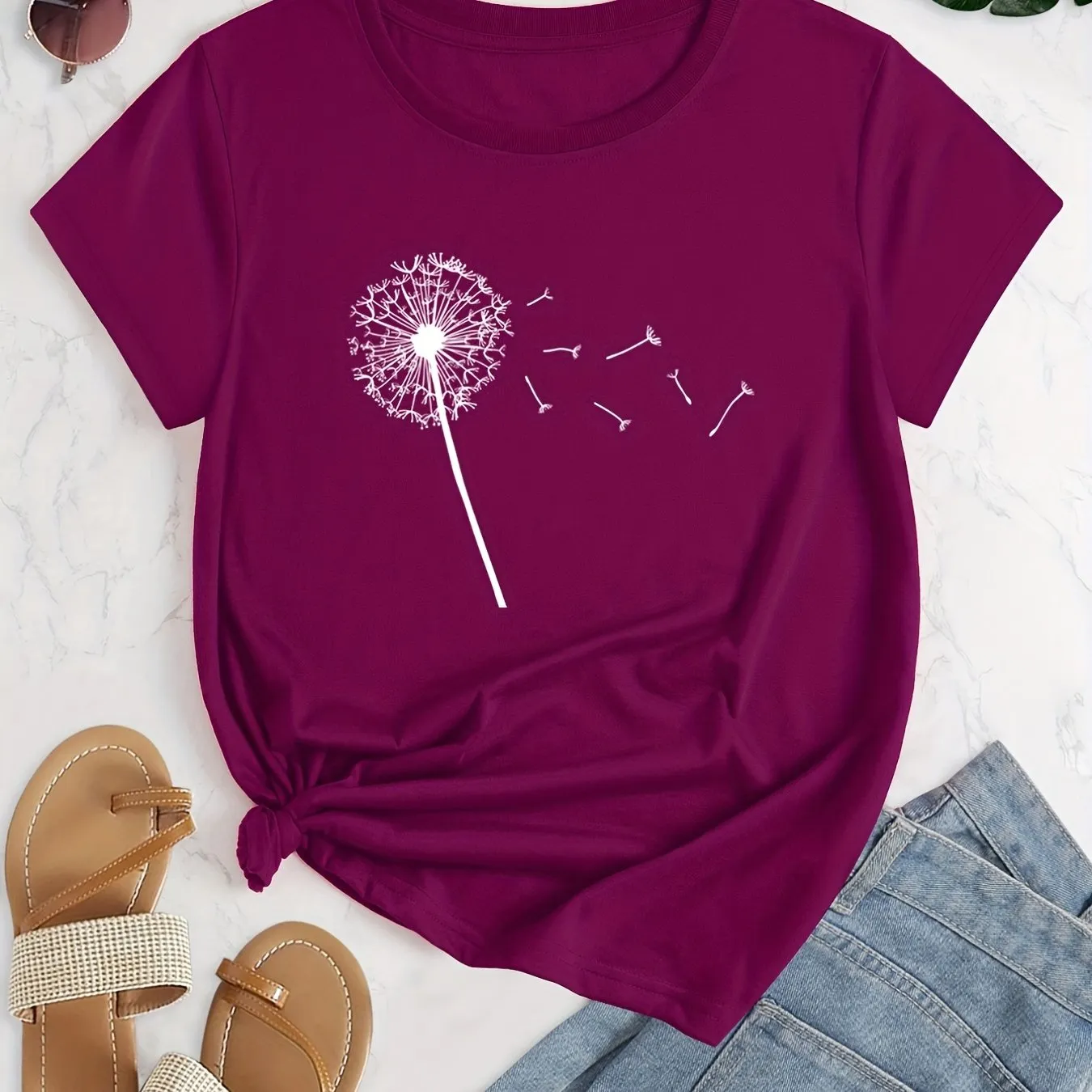 Dandelion Print Plus Size Short Sleeve Casual Tshirt for Women