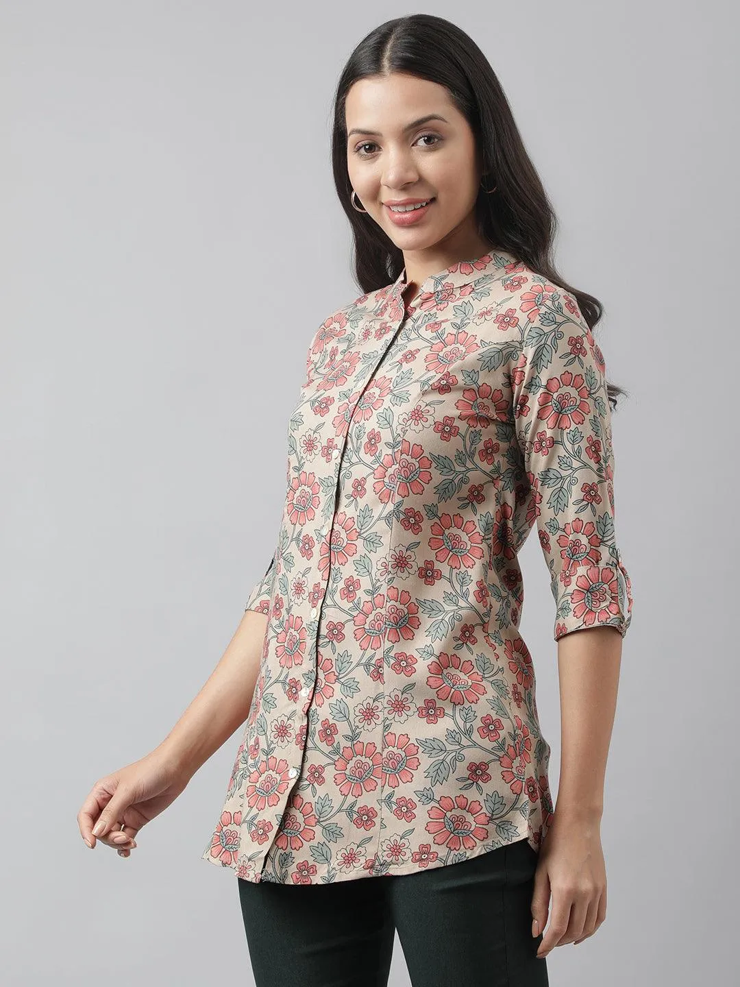 Dark Beige Floral Printed Rayon A-Line Shirt Style Top