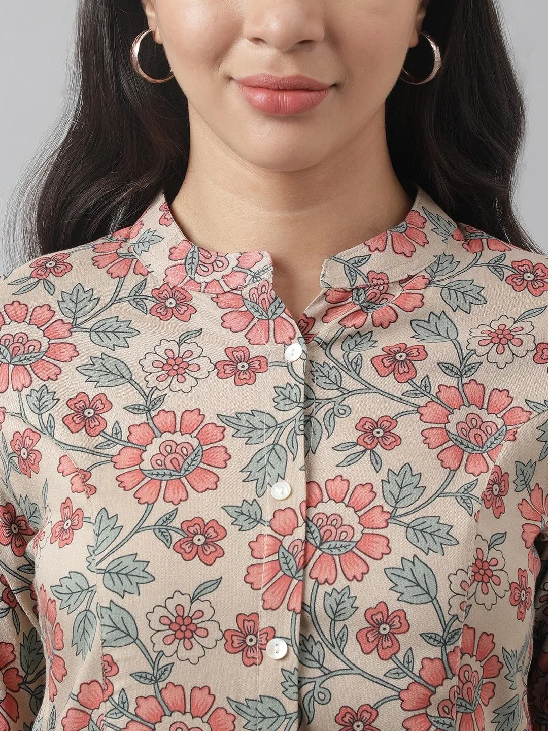 Dark Beige Floral Printed Rayon A-Line Shirt Style Top