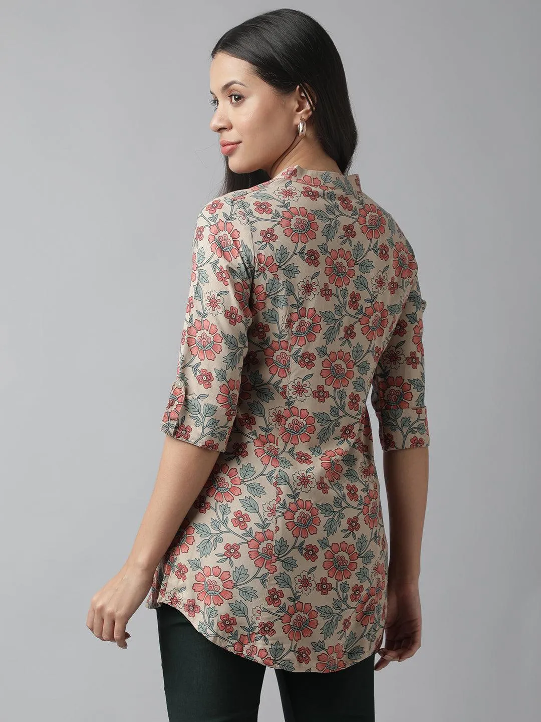 Dark Beige Floral Printed Rayon A-Line Shirt Style Top