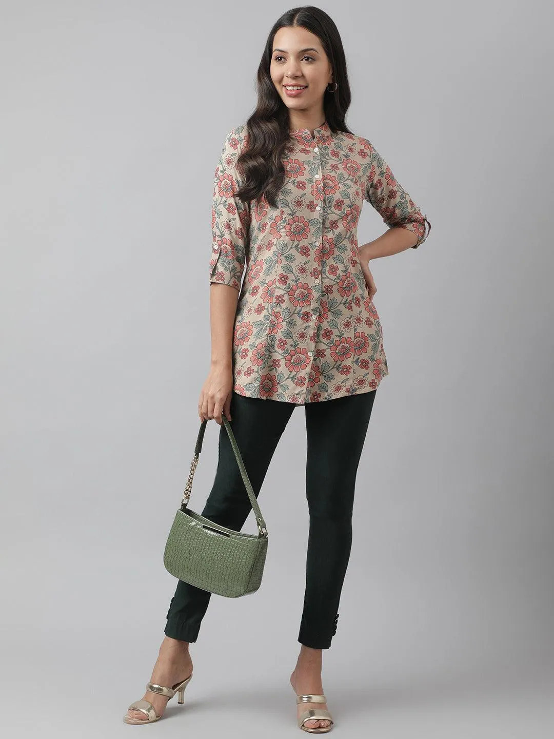 Dark Beige Floral Printed Rayon A-Line Shirt Style Top