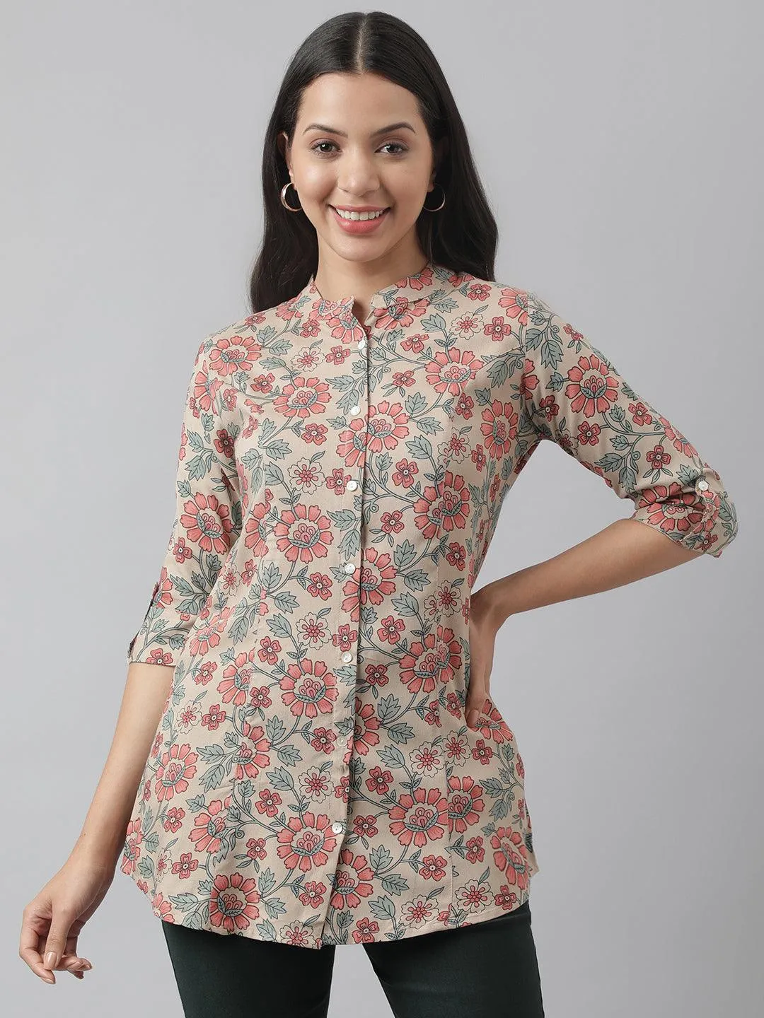 Dark Beige Floral Printed Rayon A-Line Shirt Style Top