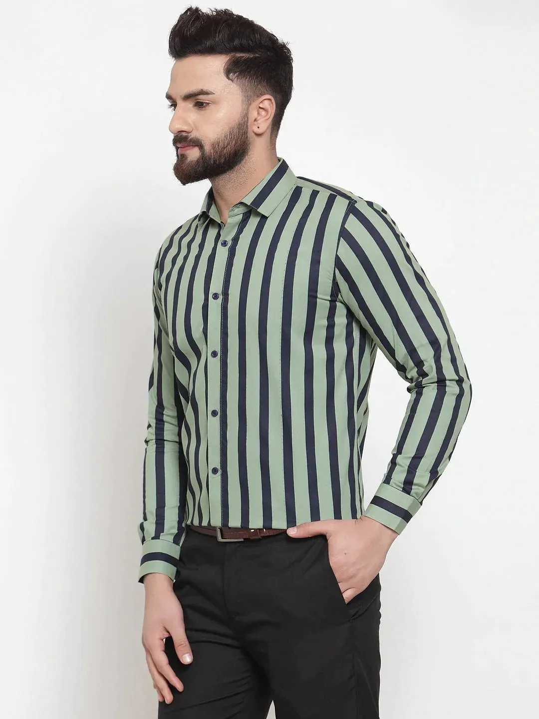 Green Men'S Cotton Striped Formal Shirts