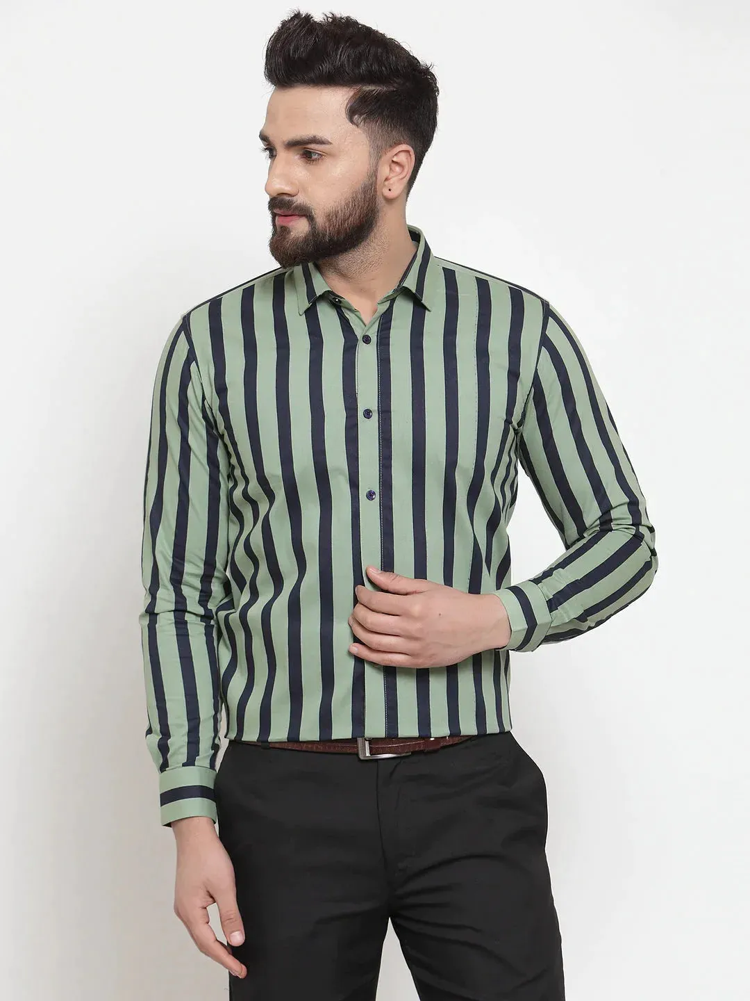 Green Men'S Cotton Striped Formal Shirts