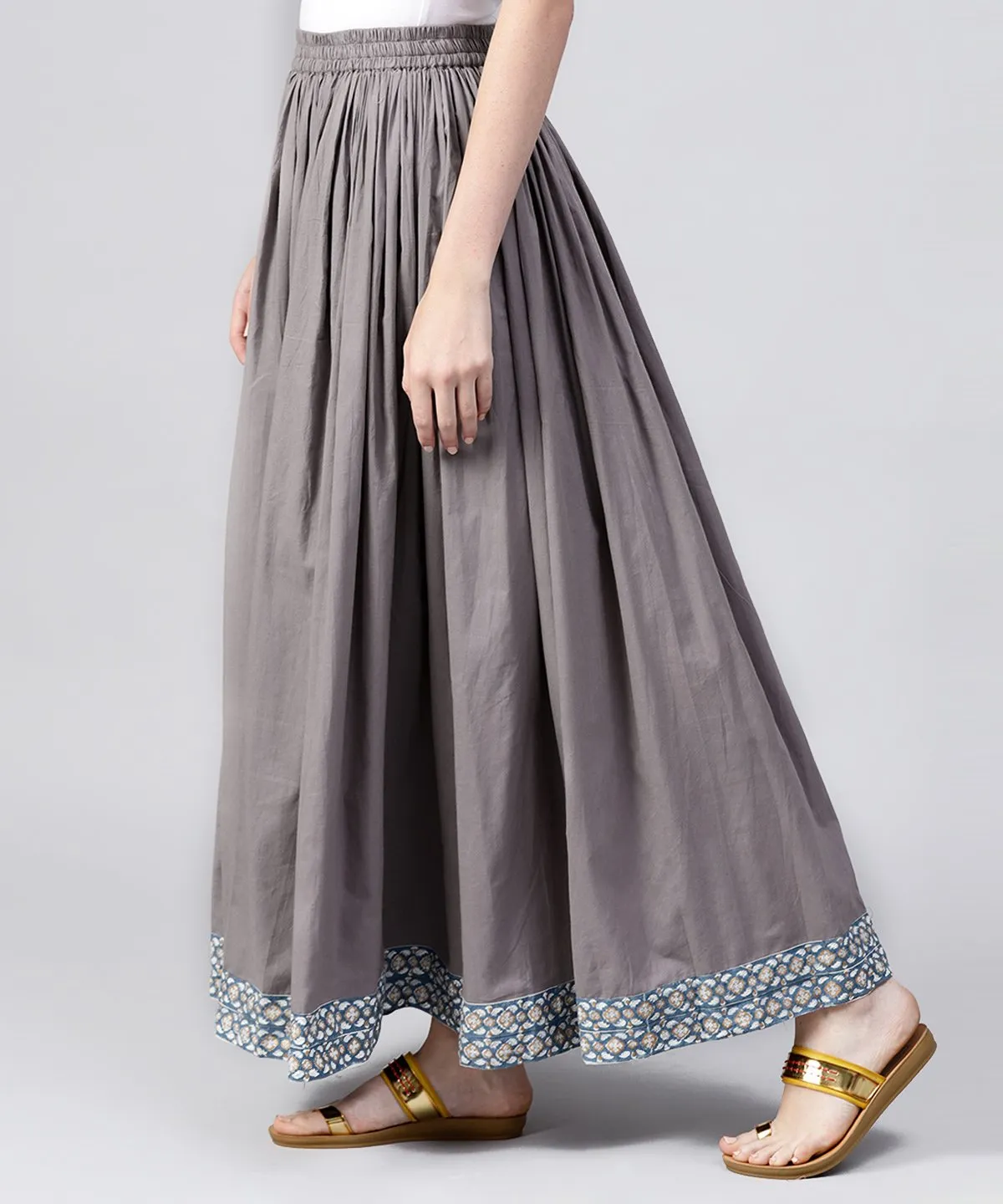 Grey Cotton Ankle Length Flared Skirt