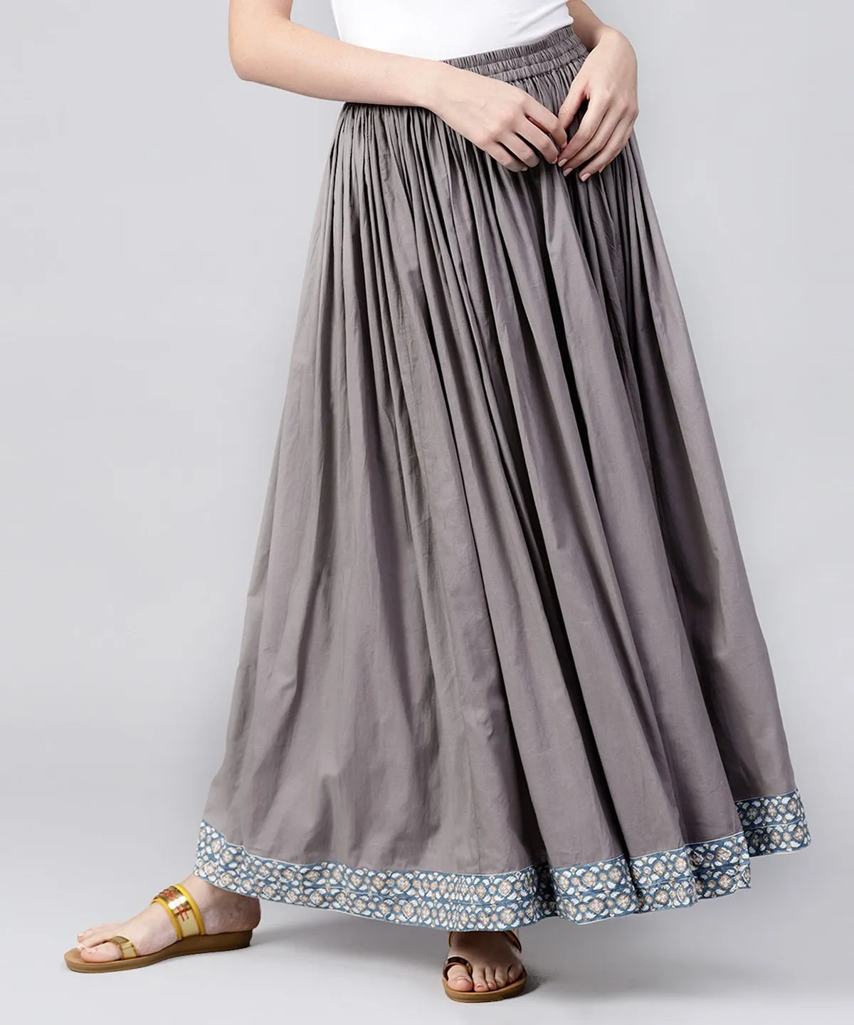 Grey Cotton Ankle Length Flared Skirt