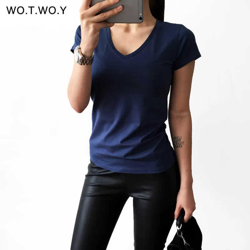 High Quality V-Neck 15 Candy Color Cotton Basic T-shirt Women Plain Simple T Shirt For Women Short Sleeve Female Tops 077