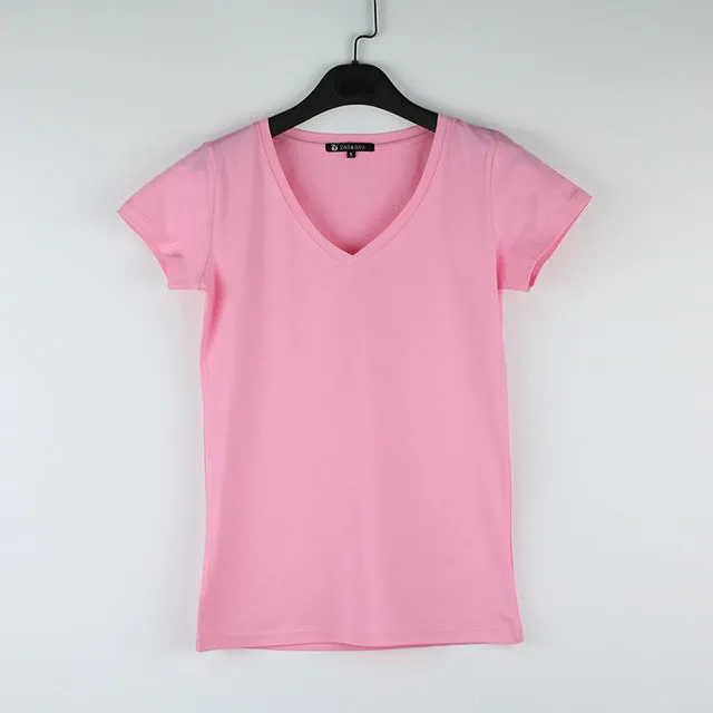 High Quality V-Neck 15 Candy Color Cotton Basic T-shirt Women Plain Simple T Shirt For Women Short Sleeve Female Tops 077