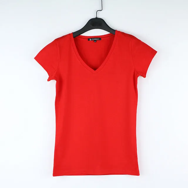 High Quality V-Neck 15 Candy Color Cotton Basic T-shirt Women Plain Simple T Shirt For Women Short Sleeve Female Tops 077