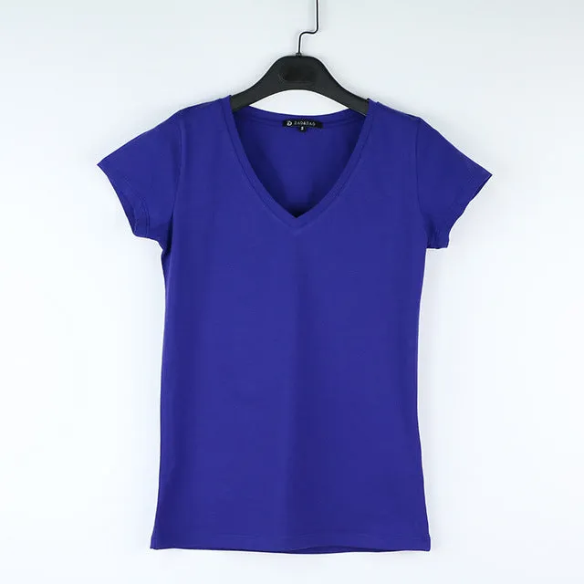 High Quality V-Neck 15 Candy Color Cotton Basic T-shirt Women Plain Simple T Shirt For Women Short Sleeve Female Tops 077