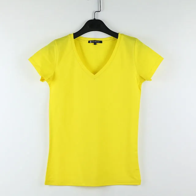 High Quality V-Neck 15 Candy Color Cotton Basic T-shirt Women Plain Simple T Shirt For Women Short Sleeve Female Tops 077