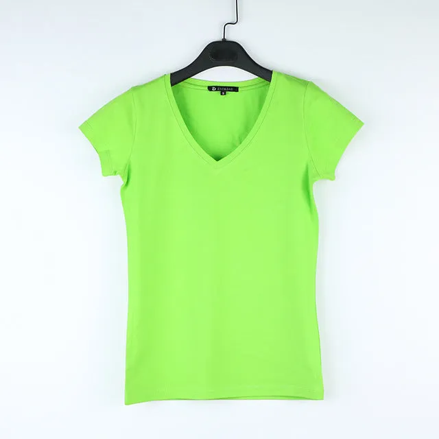 High Quality V-Neck 15 Candy Color Cotton Basic T-shirt Women Plain Simple T Shirt For Women Short Sleeve Female Tops 077