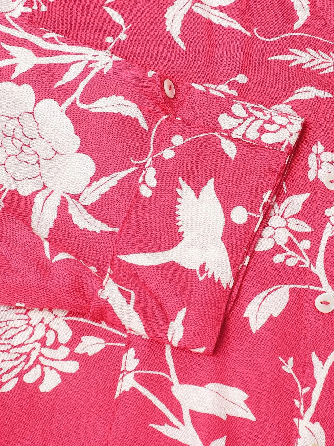 Hot Pink Floral Printed Rayon A-Line Shirt Style Top