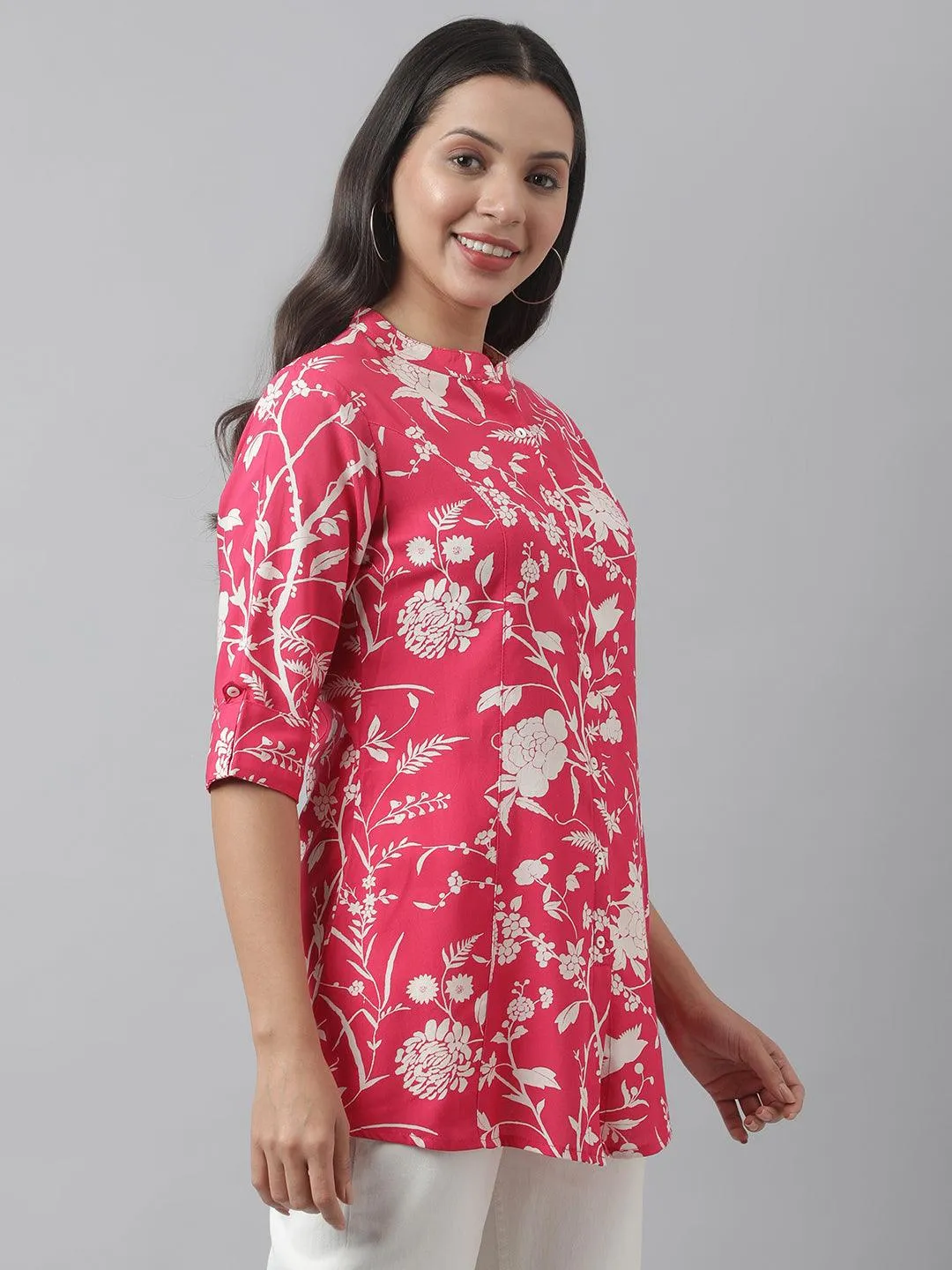 Hot Pink Floral Printed Rayon A-Line Shirt Style Top