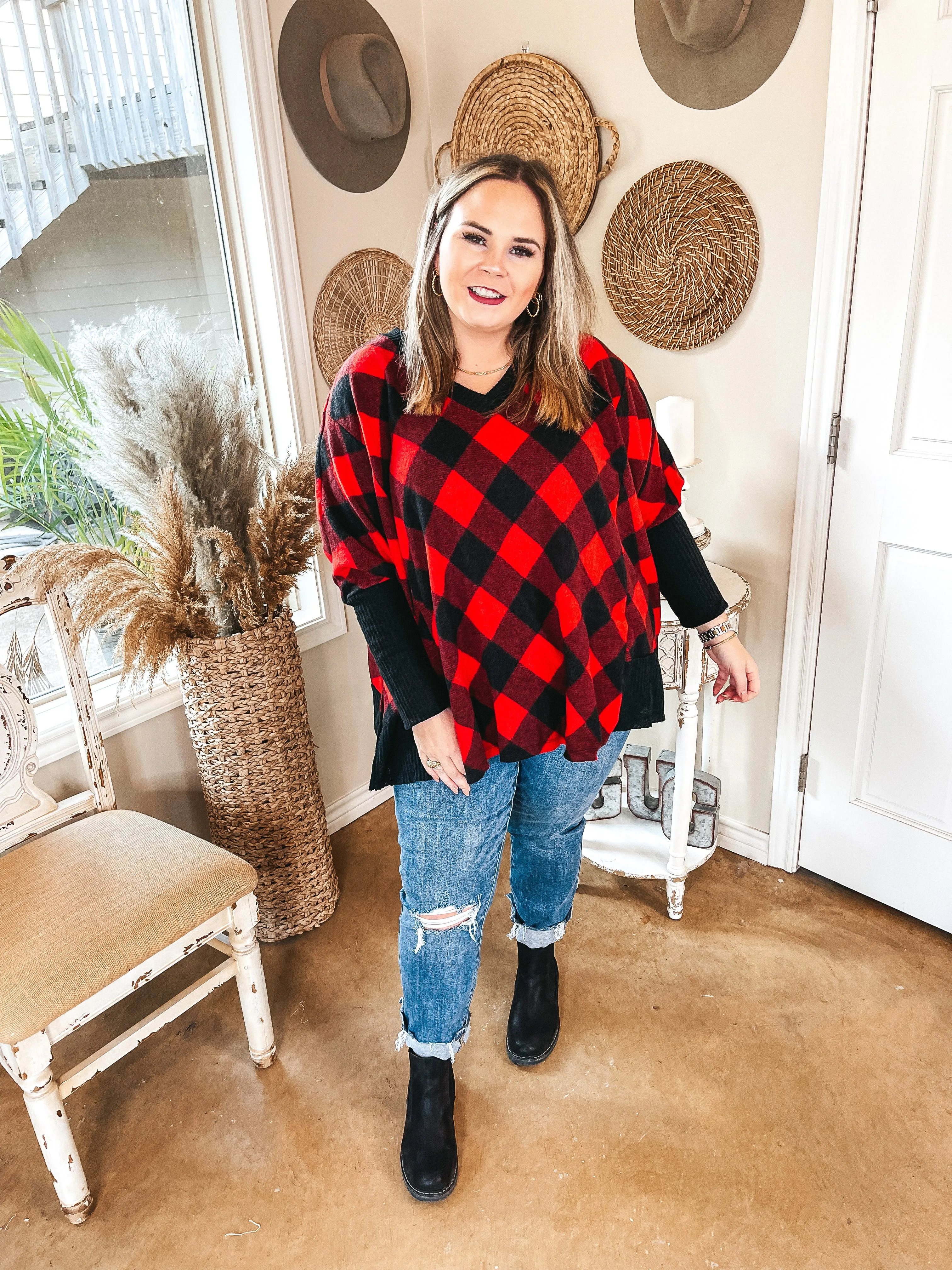 Just Joyful Buffalo Plaid Long Sleeve Shift Top in Red and Black