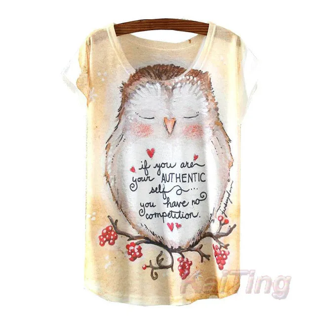 KaiTingu 2017 New Fashion Vintage Spring Summer T Shirt Women Clothing Tops Animal Owl Print T-shirt Printed White Woman Clothes