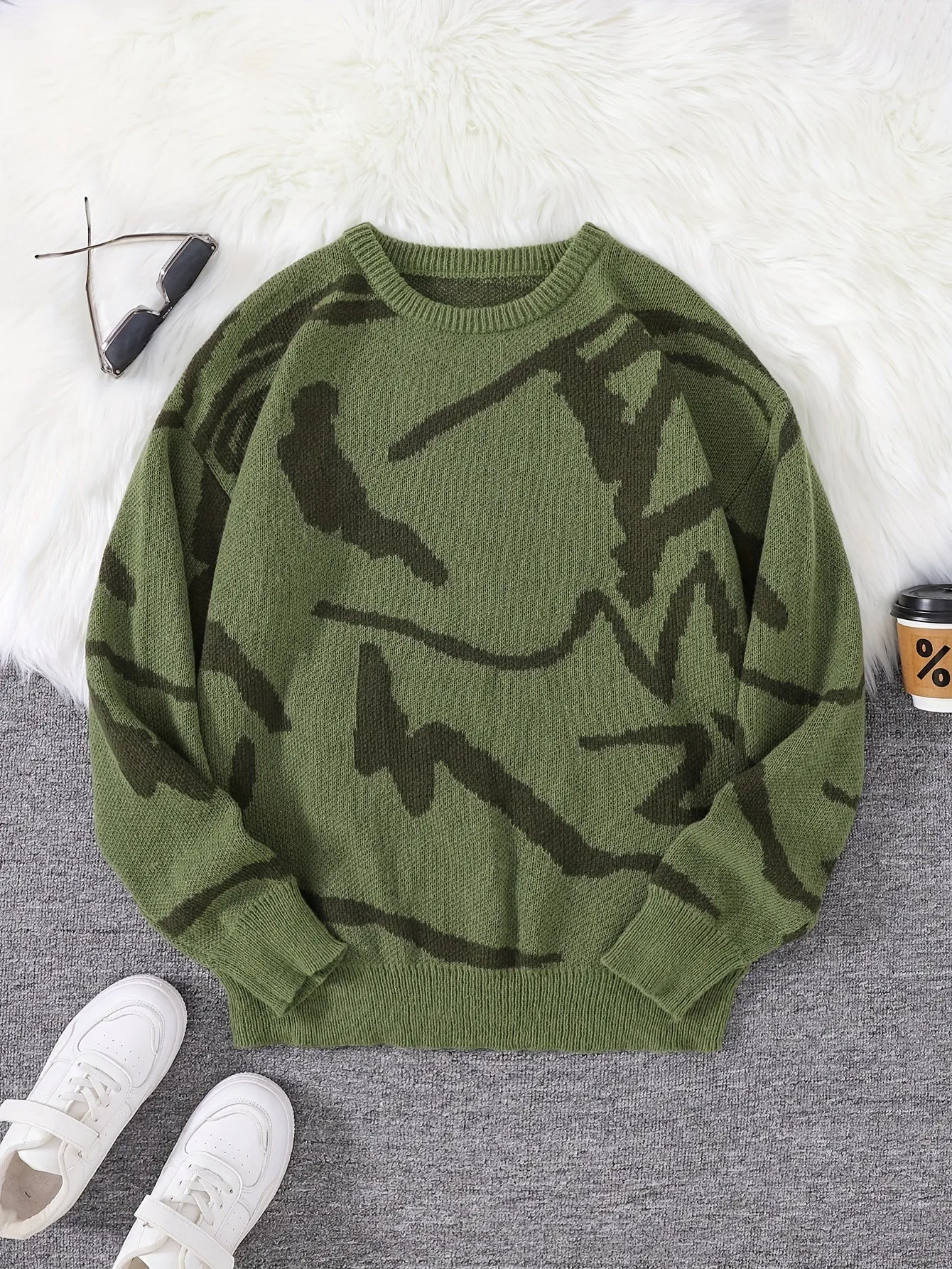 Long Sleeve Chic Graffiti Graphic Knit Sweater - Crew Neck, Polyester, Slight Stretch, Regular Fit, Hand Wash - Trendy Daily Wear for Spring and Autumn