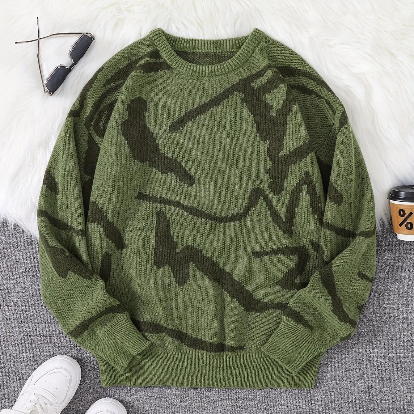 Long Sleeve Chic Graffiti Graphic Knit Sweater - Crew Neck, Polyester, Slight Stretch, Regular Fit, Hand Wash - Trendy Daily Wear for Spring and Autumn