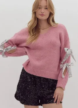 LS Sweater with Slit Sleeves and Sequin Bow Detail in Pink by Entro