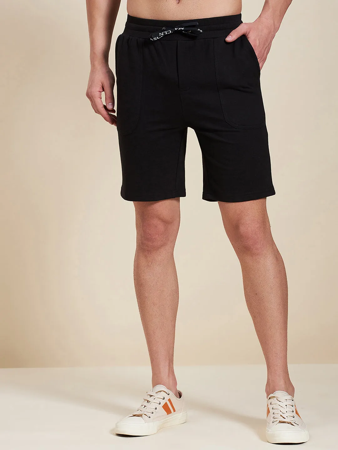 Men Black Overlock Detail Bermuda Shorts