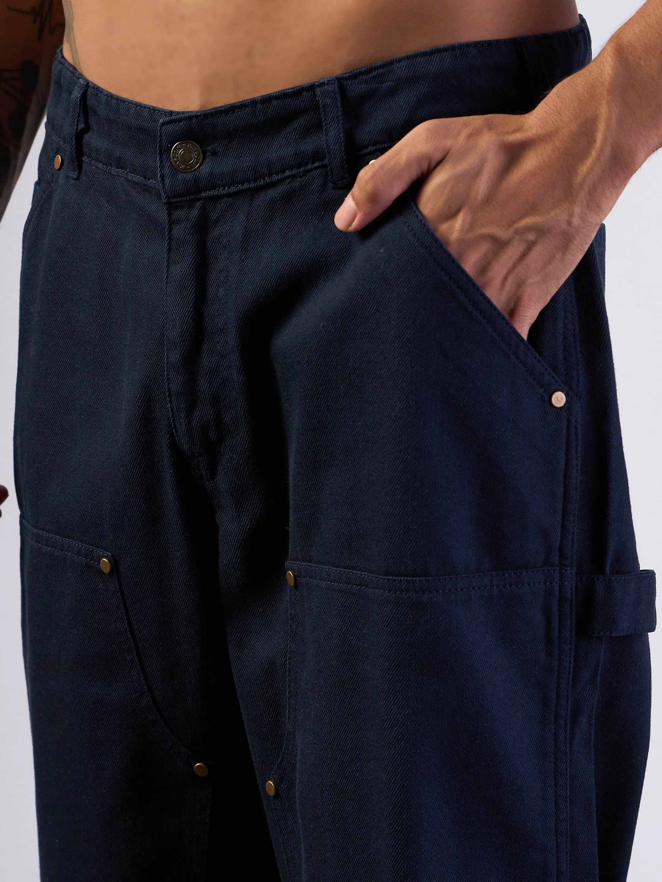 Men Navy Blue Relax Fit Carpenter Jeans