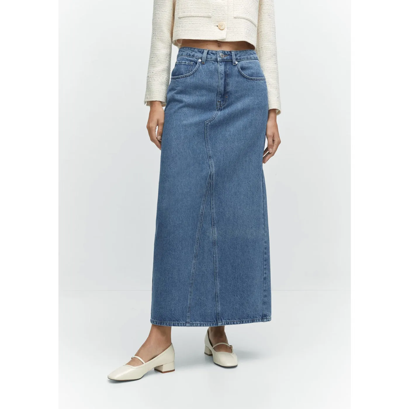 Mid Blue Long Denim Back Slit Skirts