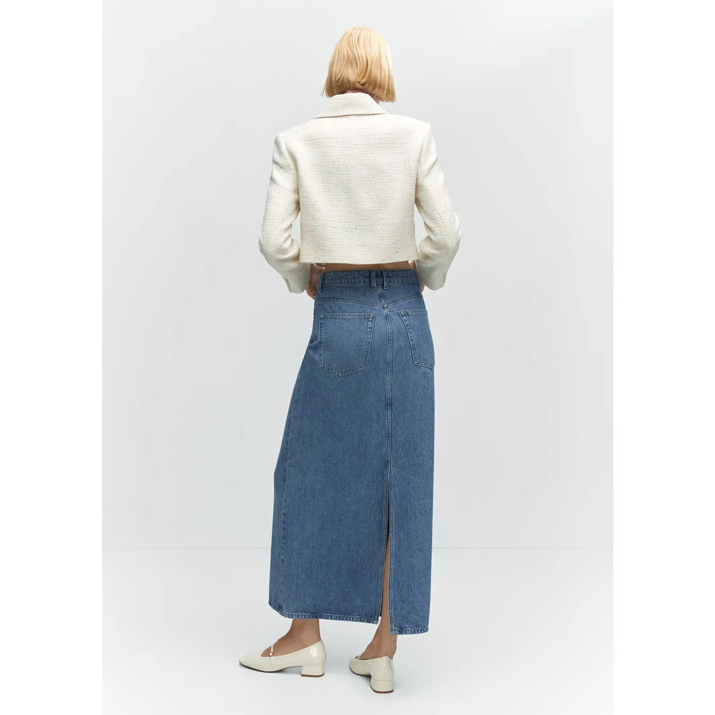 Mid Blue Long Denim Back Slit Skirts