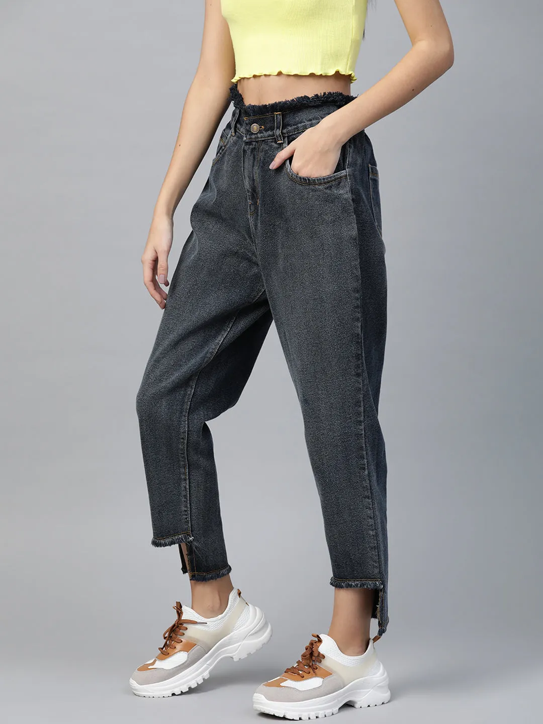 Navy Washed High Low Hem Slouchy Jeans