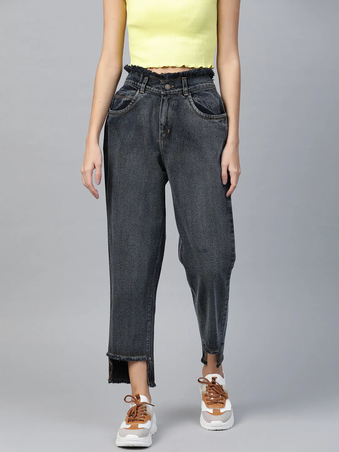 Navy Washed High Low Hem Slouchy Jeans