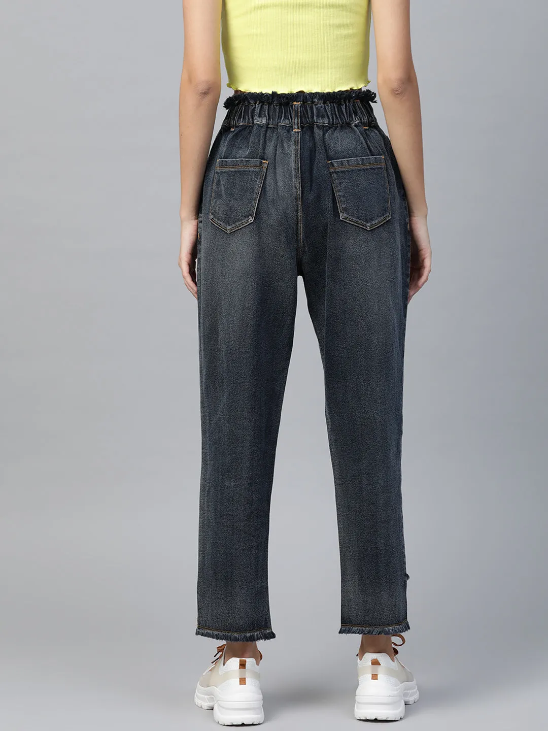 Navy Washed High Low Hem Slouchy Jeans