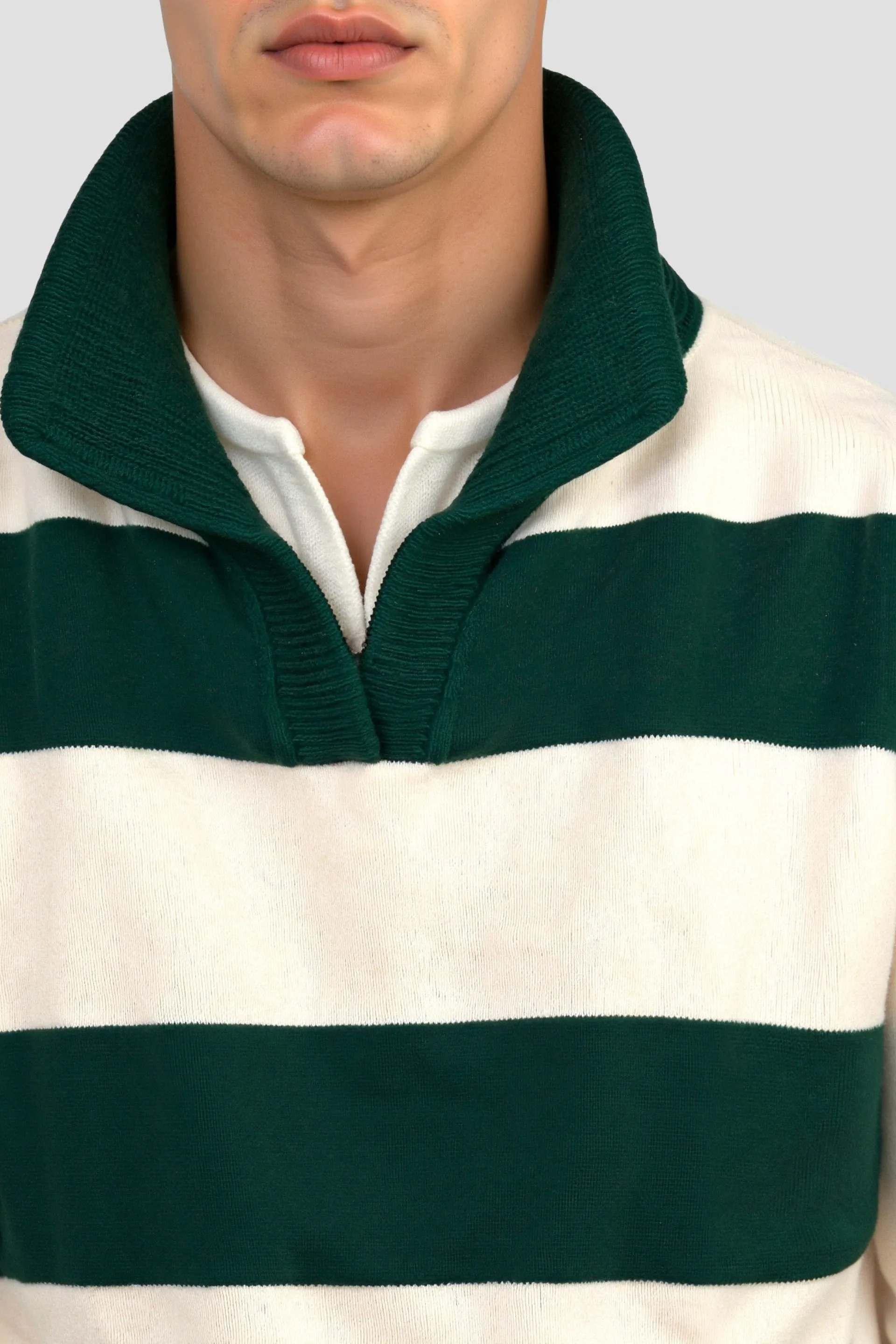 Old Money Green Color Block Striped Knitted Polo Pullover