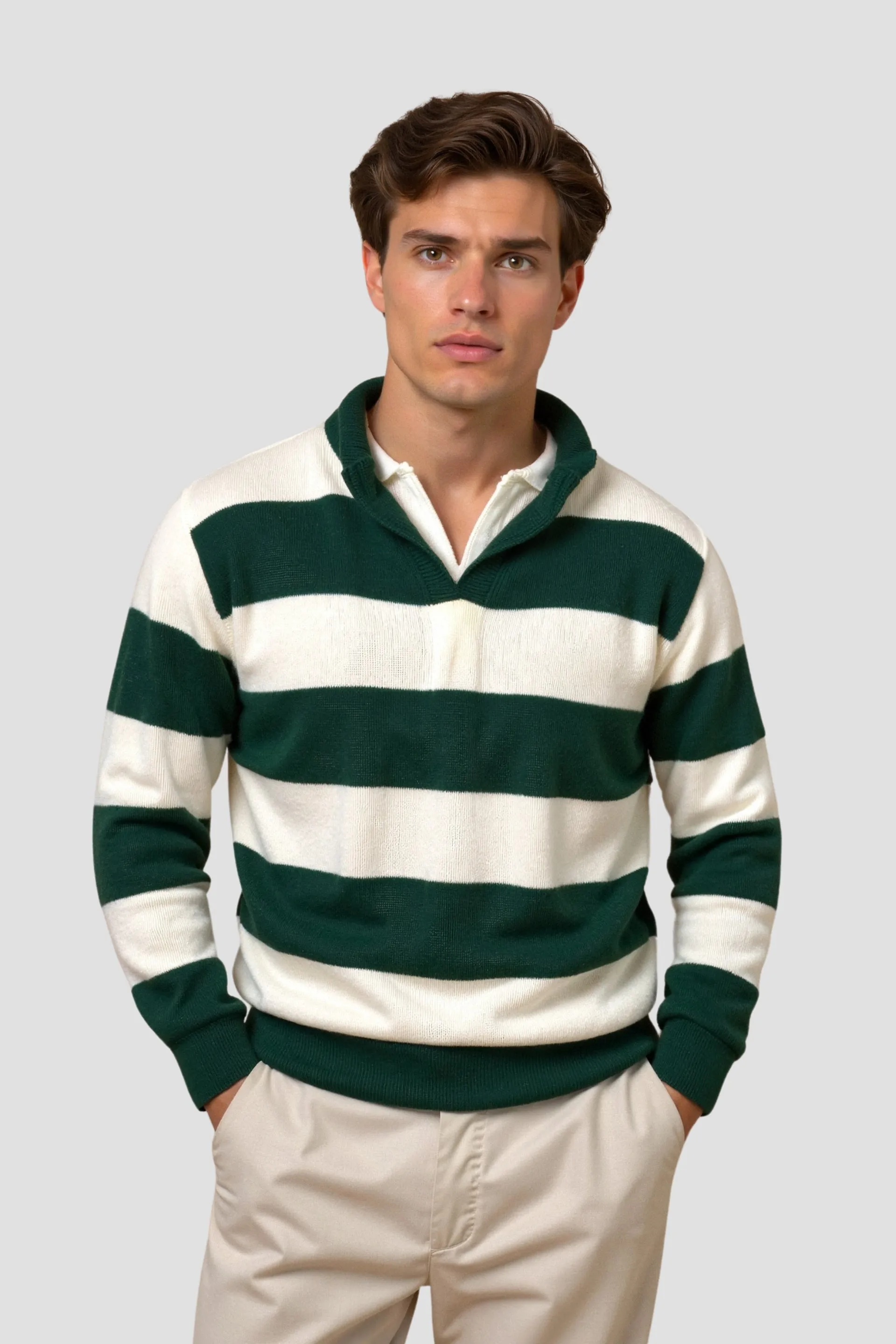 Old Money Green Color Block Striped Knitted Polo Pullover