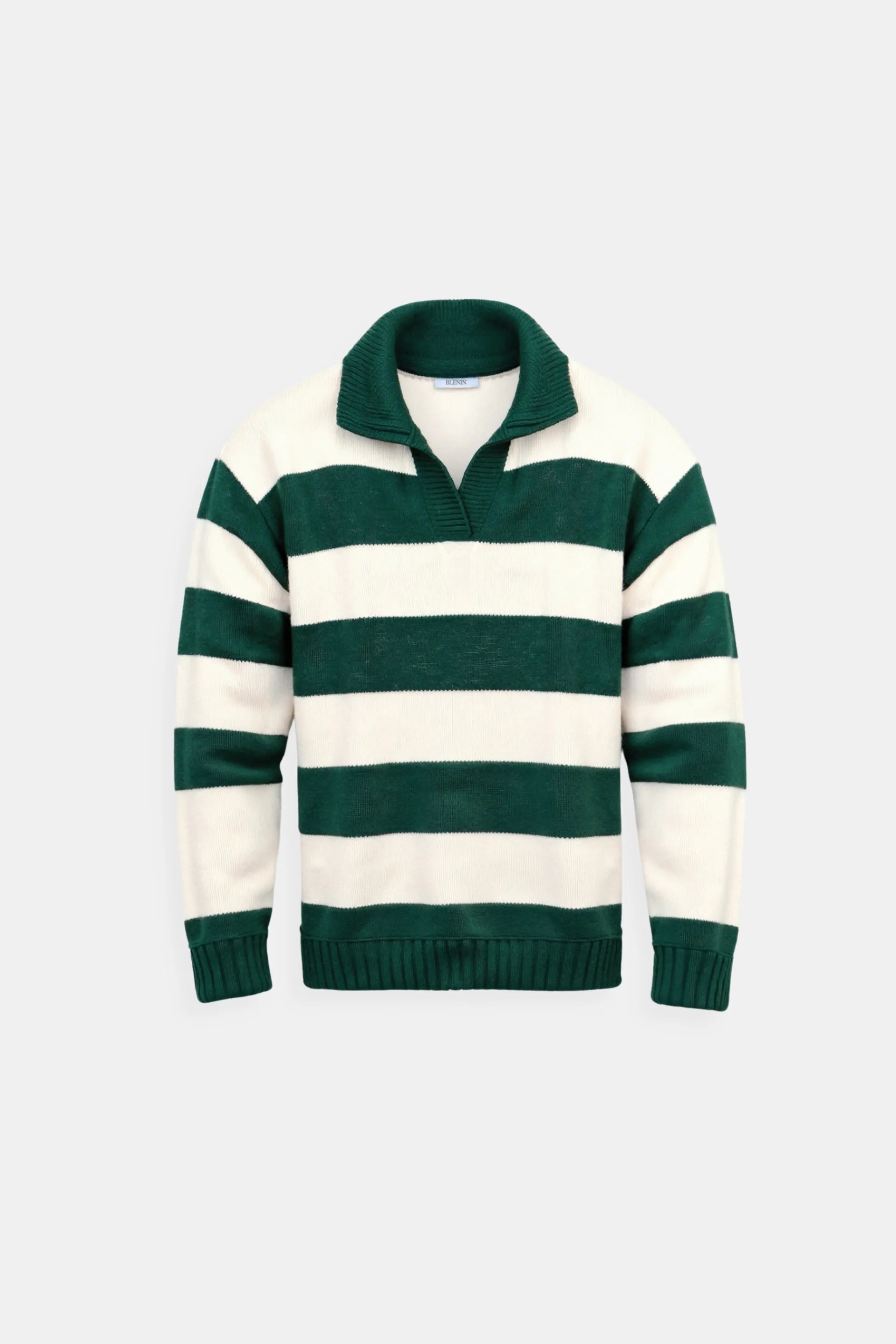 Old Money Green Color Block Striped Knitted Polo Pullover