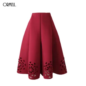 ORMELL Midi Skirt 2017 Elegant Vintage Floral Crochet Black White Red Women High Waist A Line Zipper Sun Skirts