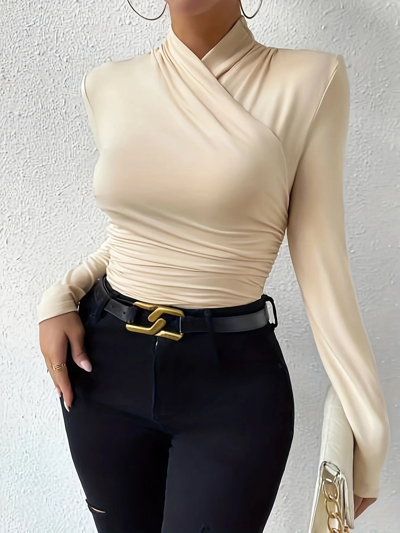 Ruched Surplice Neck Long Sleeve Top for Women